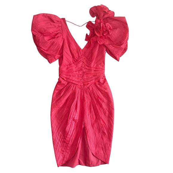Dresses & Skirts - Vintage 80s Pink Puff Sleeve Cocktail Dress sz 10 Hot Pink Ruffle Ruched